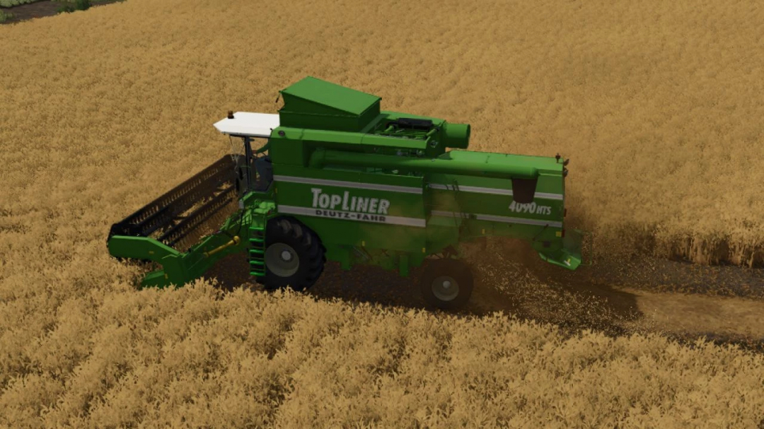 Deutz-Fahr Topliner 4090 from FS25 mods harvesting wheat in Farming Simulator 25.