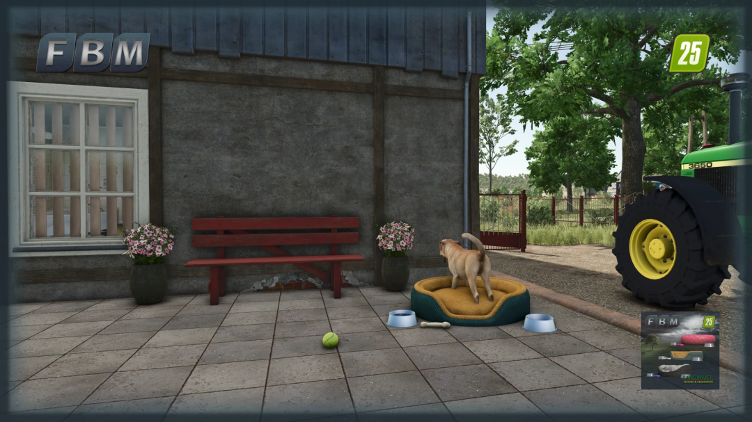 FS25 Dog Bed Package mod with a dog on a bed beside a farmhouse, visible tractor tire, and garden scenery.