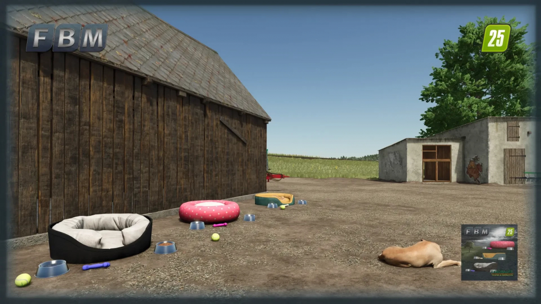 FS25 Dog Bed Package mod v1.0.0.0 featuring various dog beds and toys in a rustic farm setting.