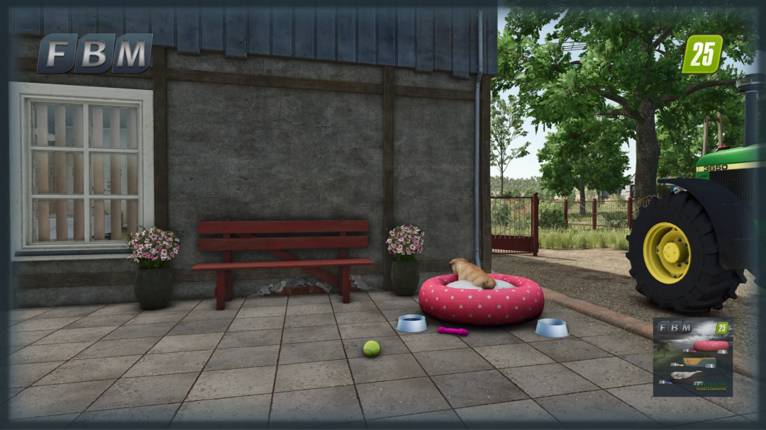 FS25 mods: Dog Bed Package v1.0.0.0 showing a dog resting on a pink dog bed next to a tractor.