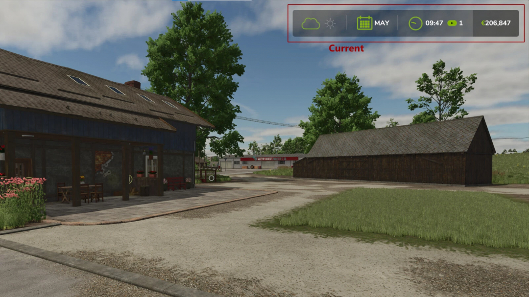 FS25 mod Extended Game Infodisplay v1.1.0.0 showing a farmyard with weather, calendar, time, and money info display.