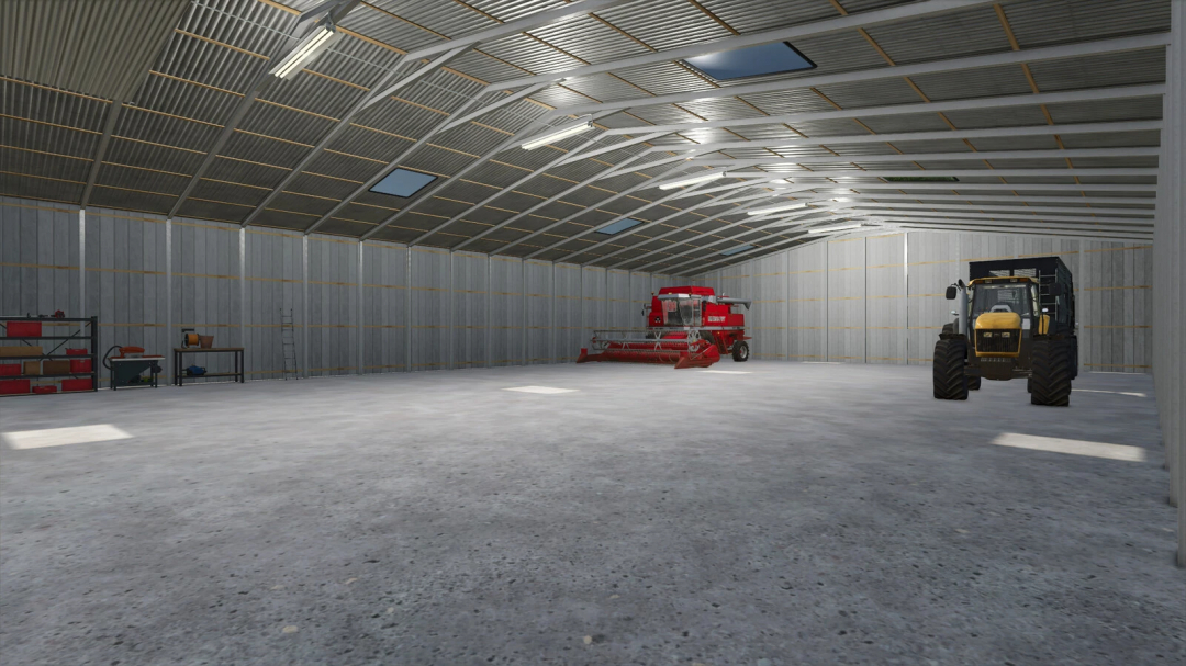 Interior view of the Extra Large Workshop mod in FS25, featuring farming equipment and tools.