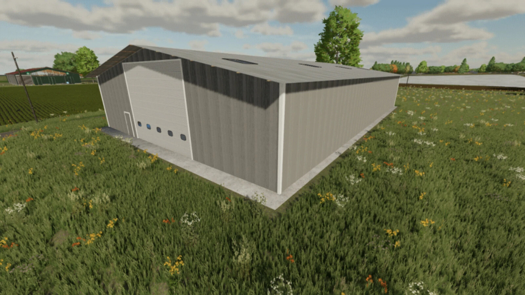 Extra Large Workshop mod for Farming Simulator 25 in a grassy field, showcasing FS25 mod details.