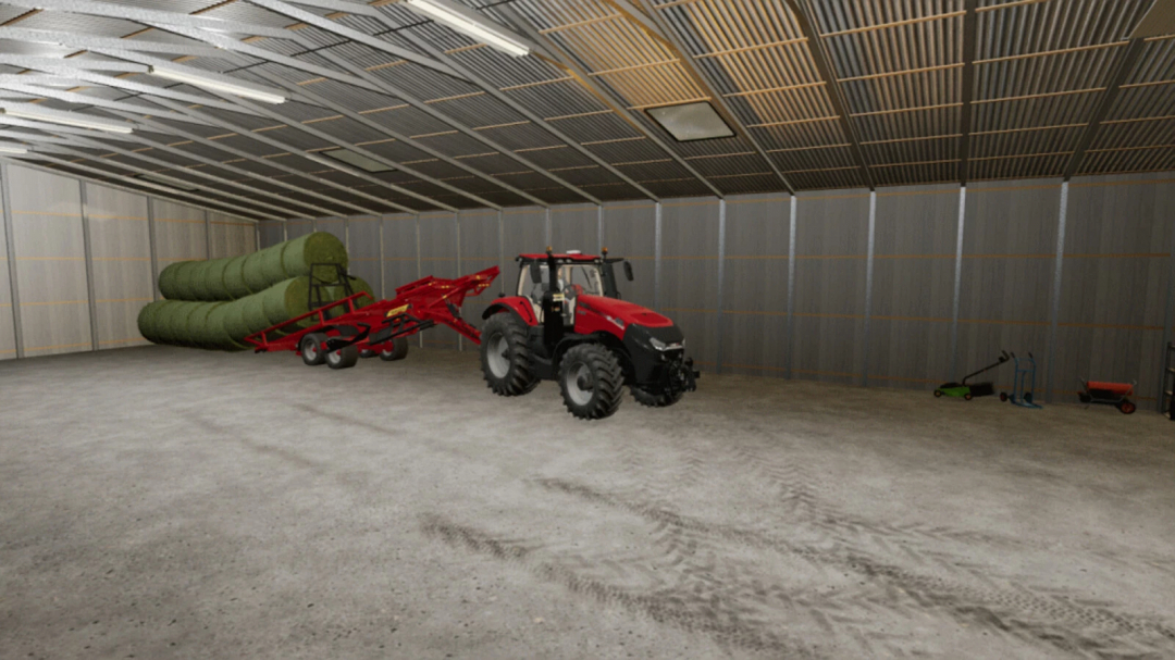 FS25 Extra Large Workshop mod featuring a red tractor and hay bales in a spacious shed.