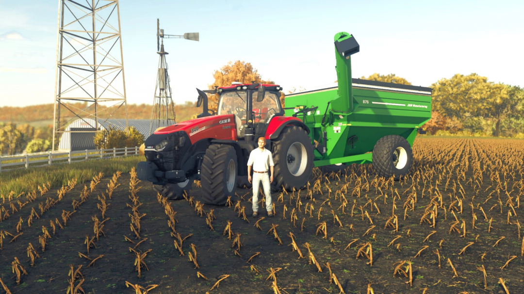 FS25 mod featuring a red tractor and green 875 Grain Cart in a field.