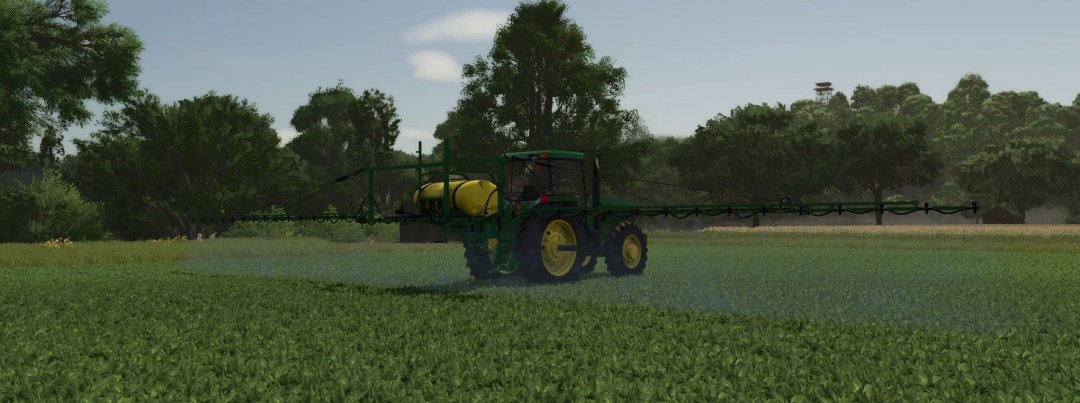 FS25 Sheppard Sprayer mod in Farming Simulator 25, depicting a tractor spraying a field.