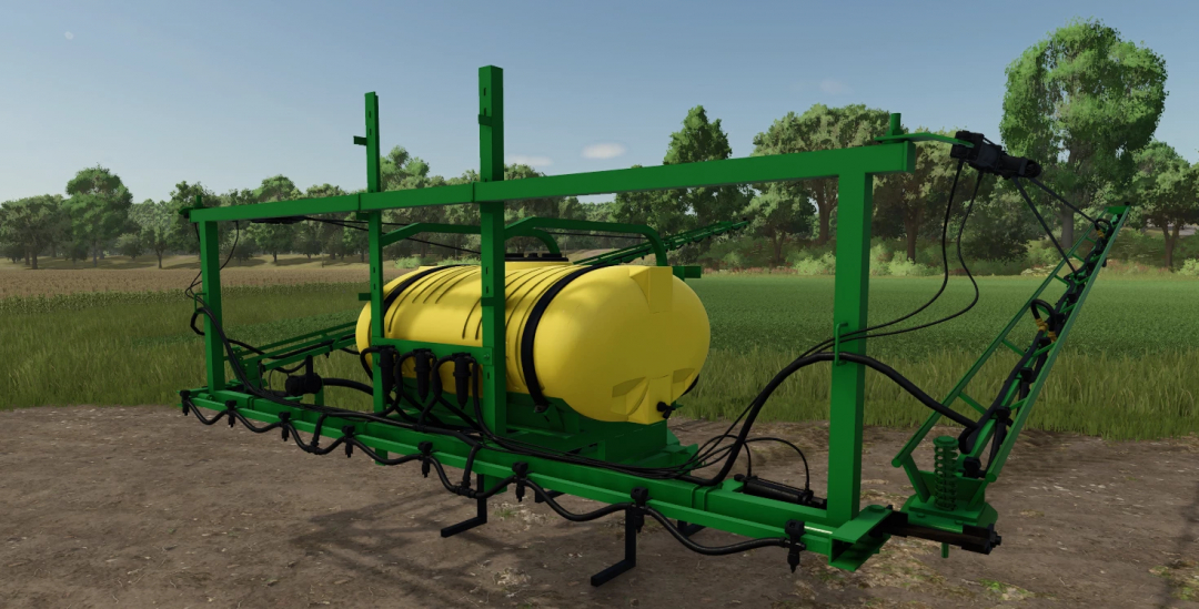 FS25 Sheppard Sprayer mod v1.0.0.0 featuring a green frame and yellow tank on a farm field. FS25 mods, Farming Simulator 25.