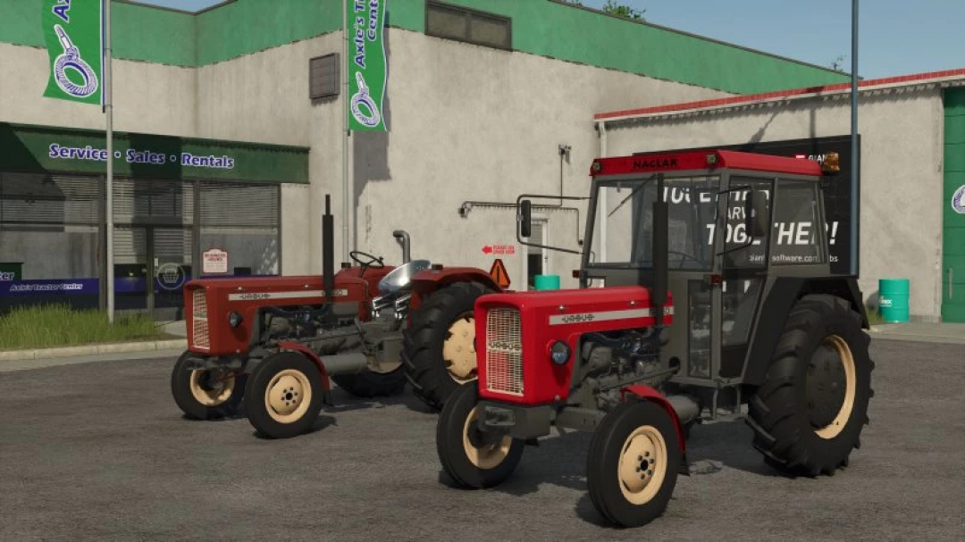 FS25 Ursus C355 C360 4x4 Pack mod in Farming Simulator 25 featuring two vintage red tractors in front of a dealership.