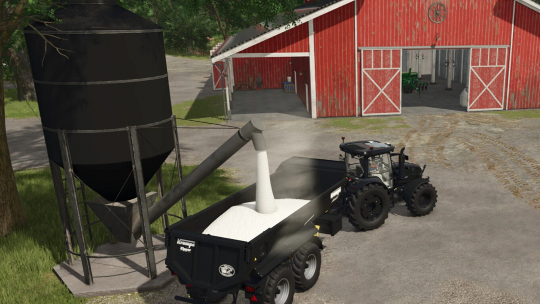 FS25 mod Farm Fill Stations v1.0.0.0: Tractor with trailer being filled with material from a silo near a red barn.