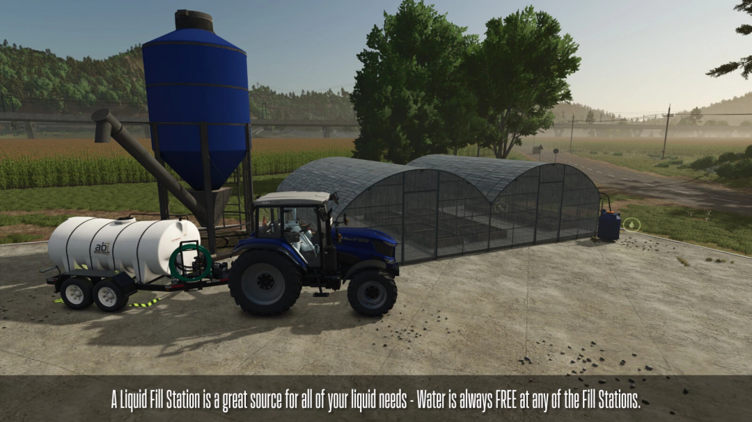 FS25 mod Farm Fill Stations v1.0.0.0 showing a tractor with a liquid tank beside a fill station and greenhouse.