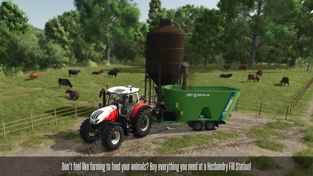 FS25 mod Farm Fill Stations v1.0.0.0: Tractor near feed station and cows in field.