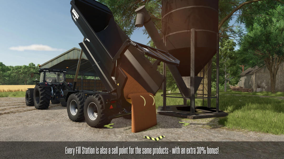 FS25 mod Farm Fill Stations v1.0.0.0 showing a tractor unloading at a silo with trees and a barn in the background.