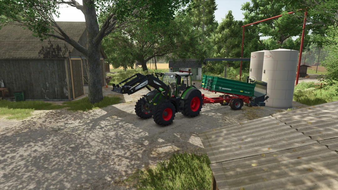 FS25 mods: Fermenter 60000L v1.0.0.0 with tractor and green trailer near silos in Farming Simulator 25.