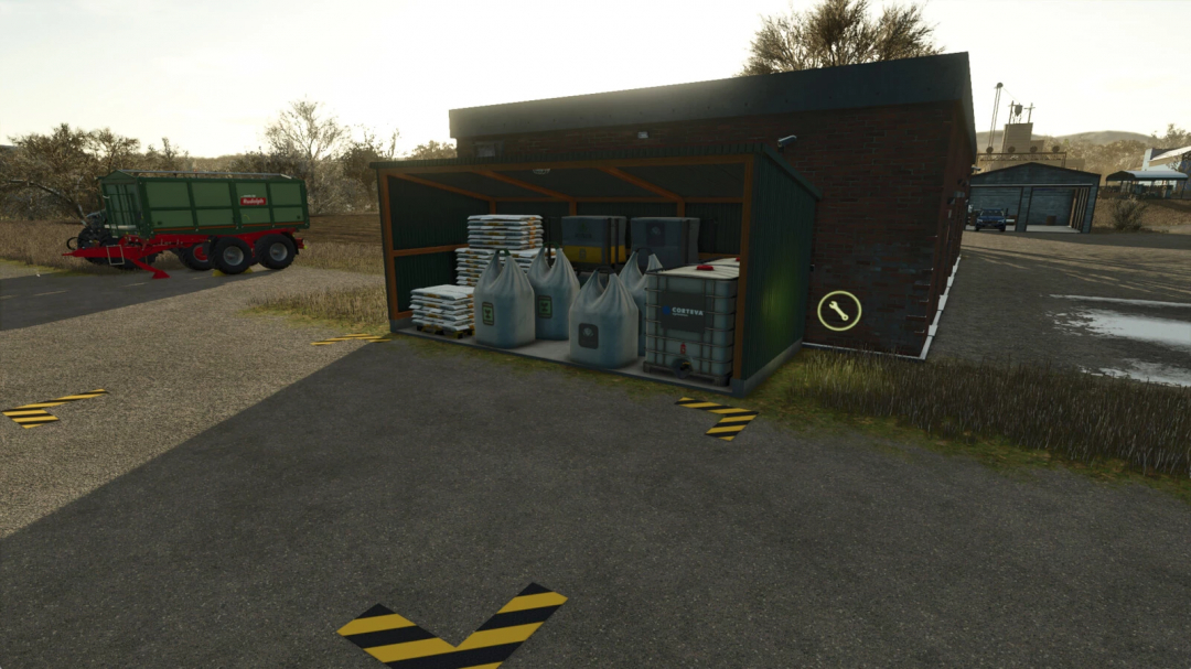 Field Storage v1.0.0.0 mod in FS25 showing a shed with pallets and bags of farm supplies.