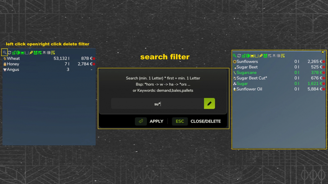 Farming Simulator 25 mod FillTypeAmountPrice Display v1.0.0.0 showing search filter and product prices.