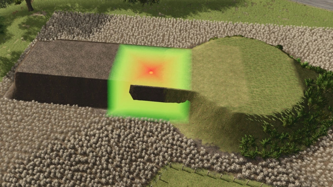 Farming Simulator 25 mod showing free terraforming and painting tool with altered terrain.