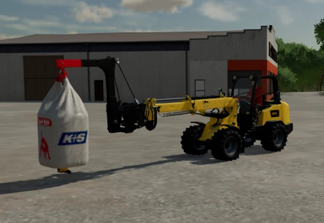 FS25 mod Gehl ALT950 Wheel Loader lifting a large bag in Farming Simulator 25.