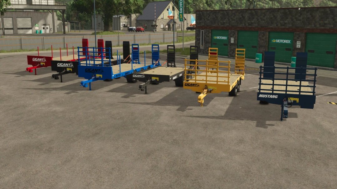 FS25 Gigant ML Low Loader Pack v1.0.0.0 showcasing various colored low loaders on a parking lot.