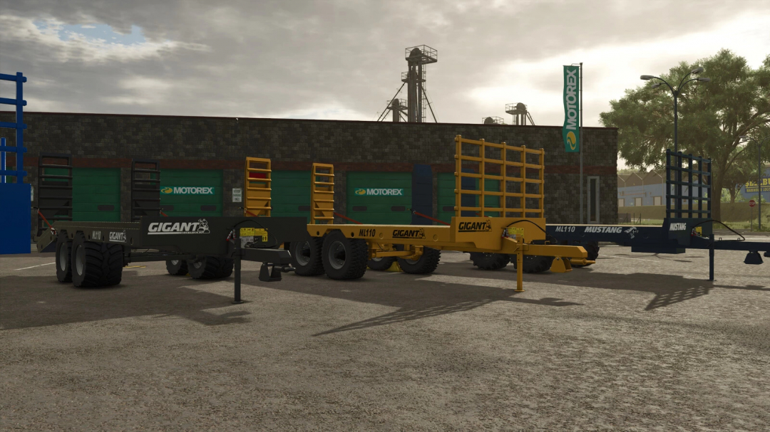 FS25 Gigant ML Low Loader Pack v1.0.0.0 mod showcasing heavy-duty trailers in different colors parked at an industrial site.