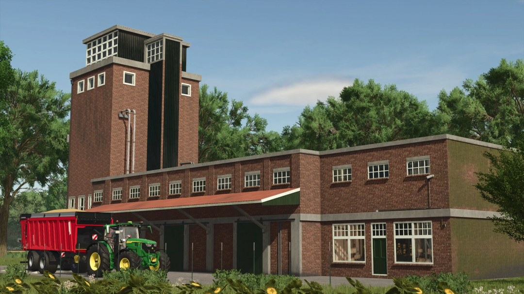 Grain Flourmill mod in FS25 with a tractor and trailer parked outside.