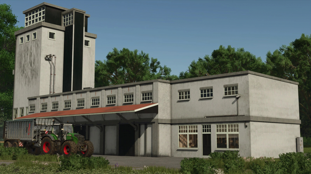 Grain Flourmill mod for FS25, featuring a detailed building with a tractor nearby, surrounded by lush greenery.