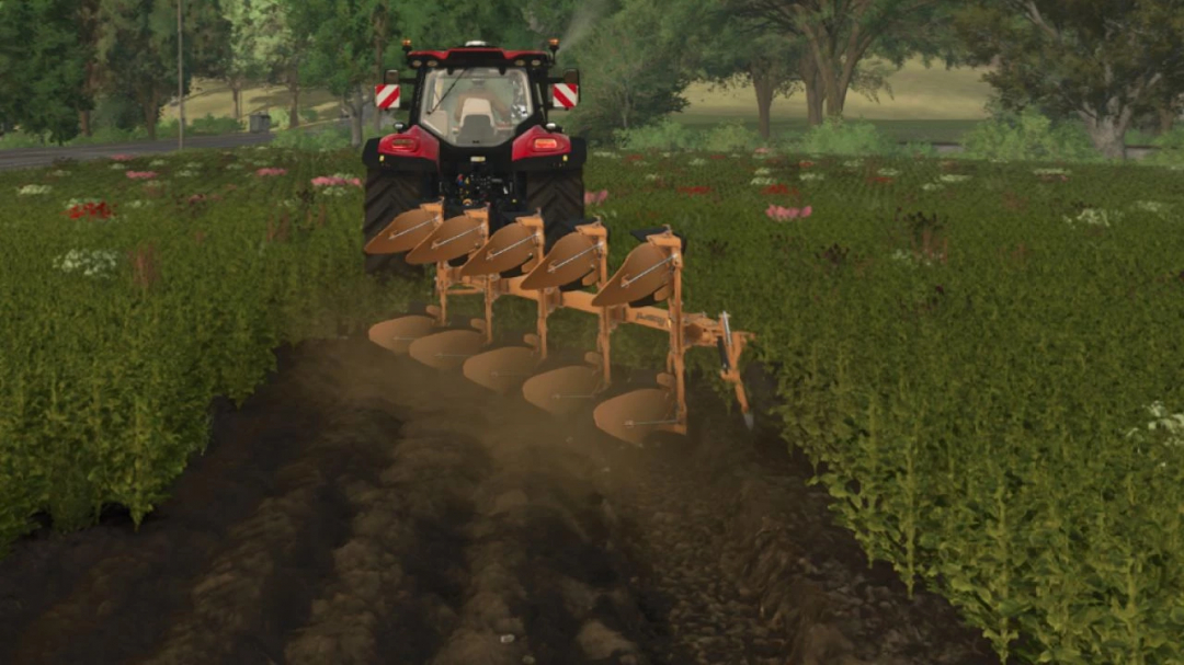 Huard 475 plow attached to a tractor in Farming Simulator 25. FS25 mod showcasing plowing in a lush green field.