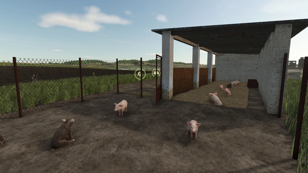 Hungarian Homestead Pig Barn in FS25 mod, featuring pigs in an open barn enclosure surrounded by fencing.