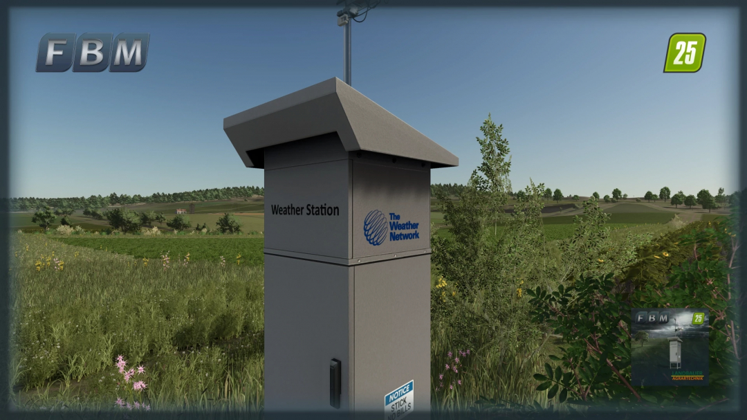 Weather station in Farming Simulator 25 mod IMT300 Box v1.0.0.0, showing countryside scenery and field.