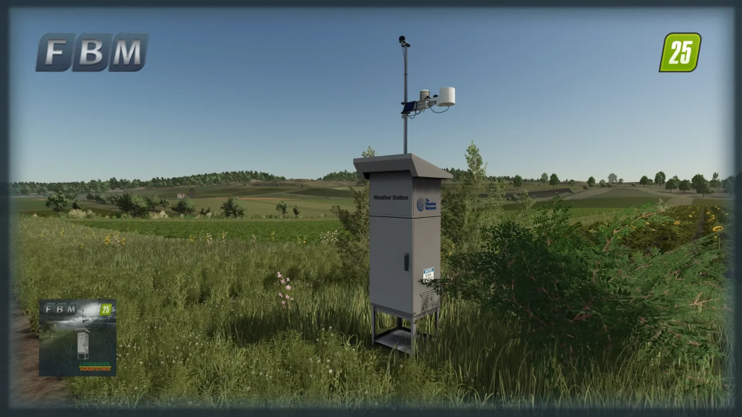 FS25 mod IMT300 Box v1.0.0.0 displaying a weather station in a field, enhancing gameplay realism in Farming Simulator 25.