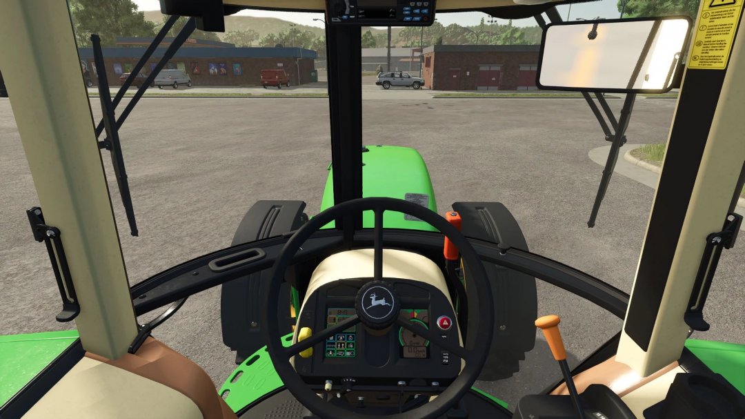 Interior view of the John Deere 4755 Edit tractor in FS25 mod, showcasing controls and dashboard.