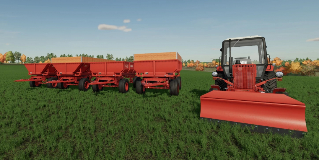 FS22 mod KSP-6 v1.0.0.1 shows red farming equipment and tractor on green field.