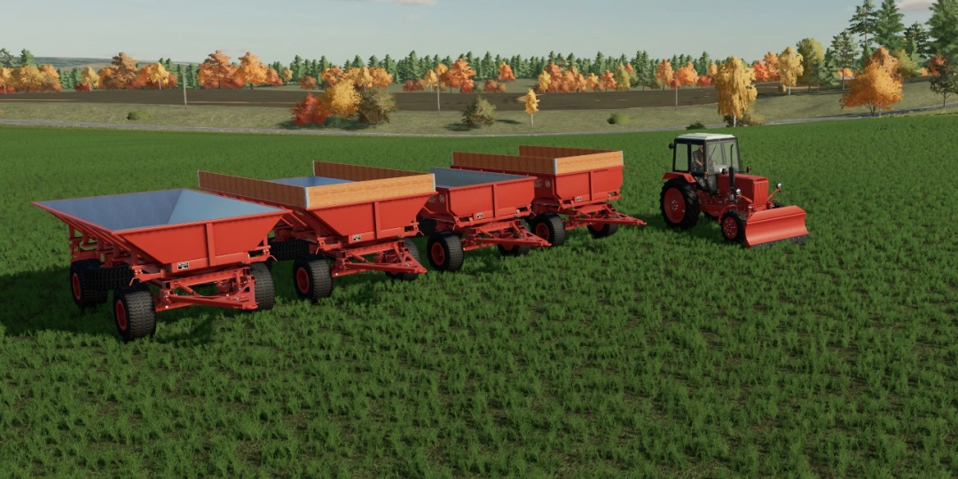 FS22 mods KSP-6 v1.0.0.1 showing a tractor towing four red trailers on a grassy field in Farming Simulator 22.