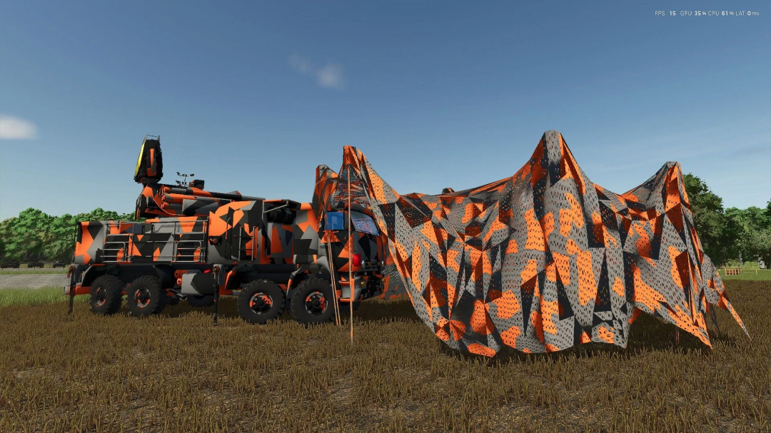 FS25 Kamaz 1204 URR mod featuring a camouflage-painted truck with an extended tarp in a grassy field.