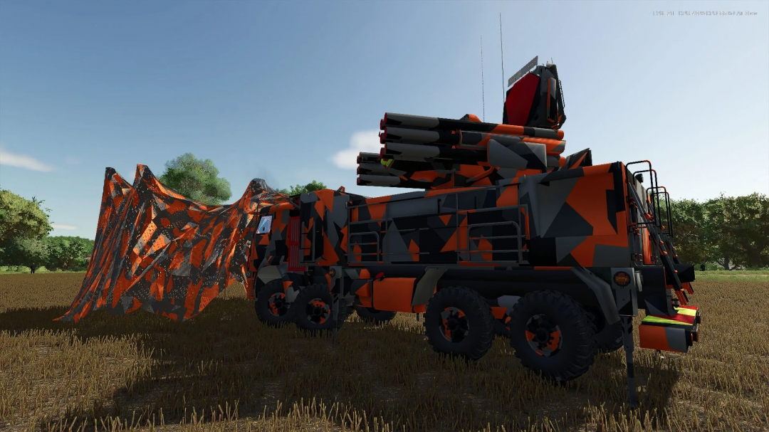 Kamaz 1204 URR mod in FS25 with orange and black camo design on a field.