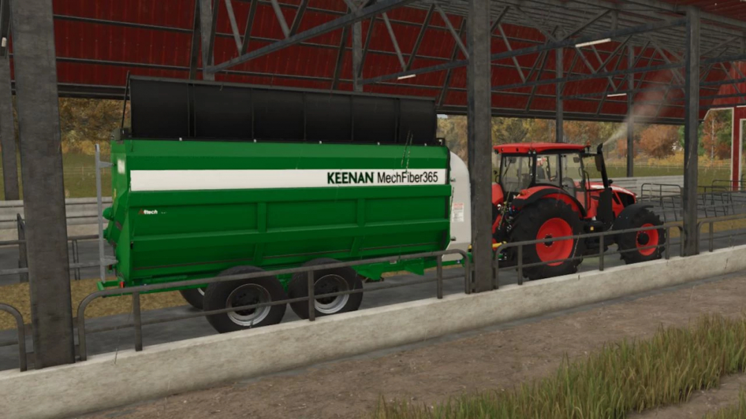 FS25 mods: Keenan MechFiber 365 trailer attached to a red tractor in Farming Simulator 25.