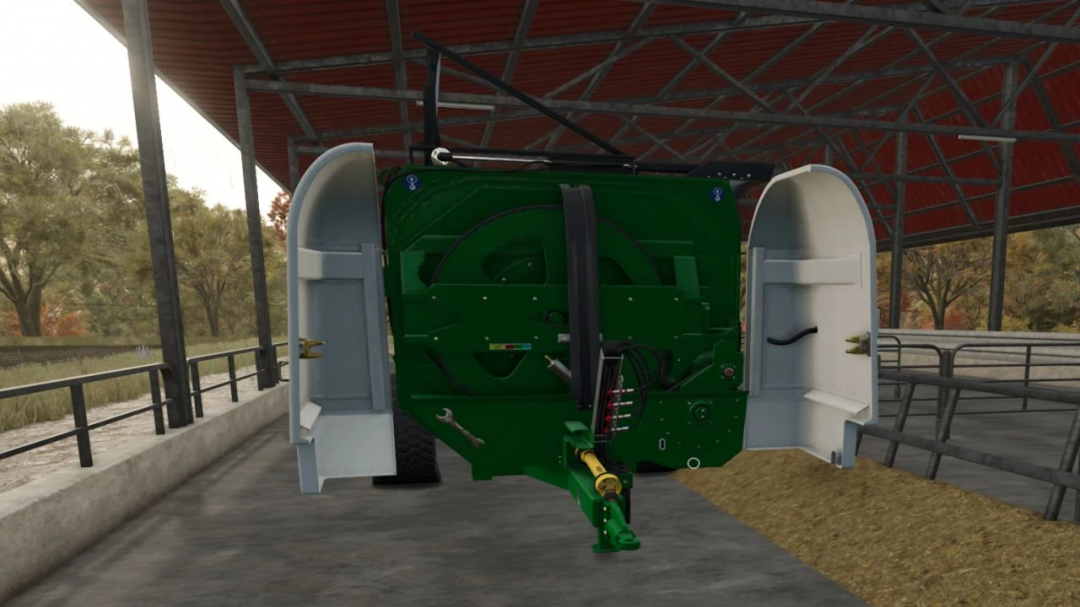 Detailed view of the Keenan MechFiber 365 mod in Farming Simulator 25, showcasing the intricate machinery under a barn.