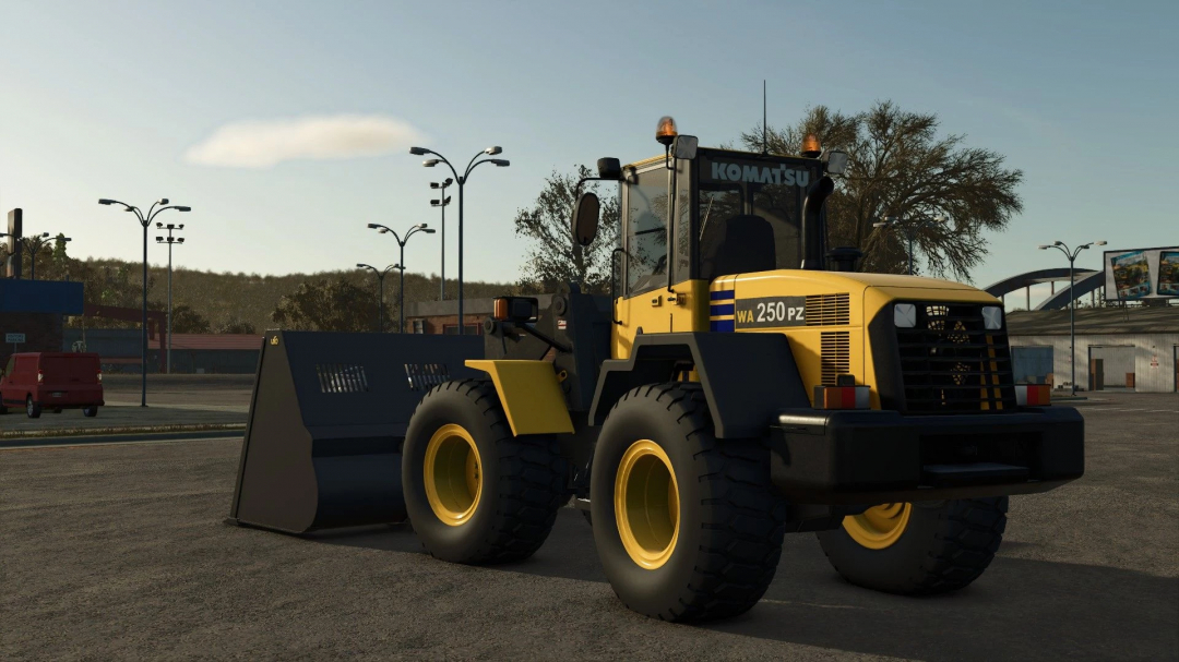 Komatsu 250PZ loader in FS25 mod, showcasing realistic detail in Farming Simulator 25 environment.