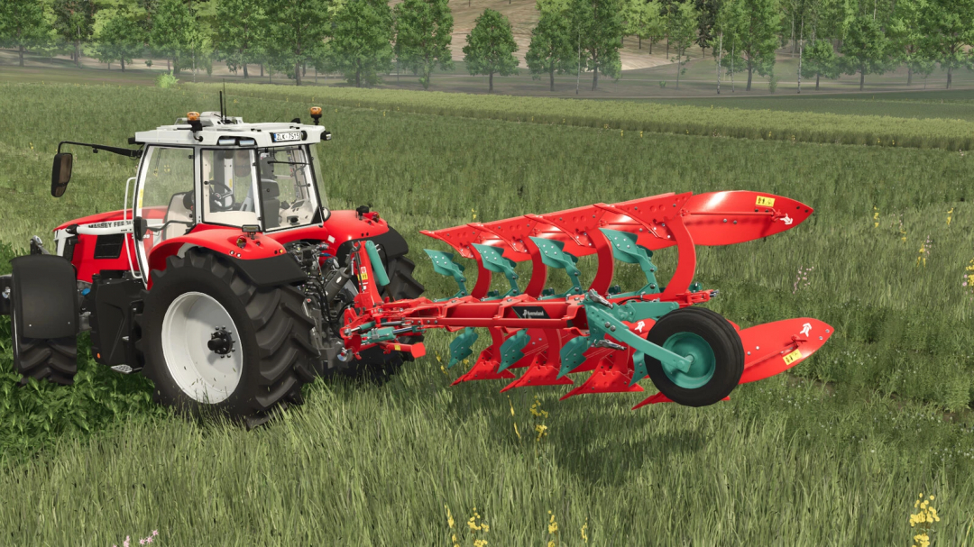 FS25 mods: Kverneland EG100 plow attached to tractor in grassy field, Farming Simulator 25.