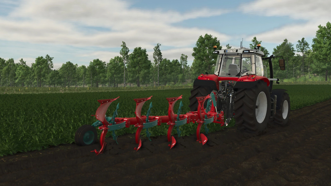 FS25 mod Kverneland EG100 plow v1.0.0.0 attached to red tractor in a field.