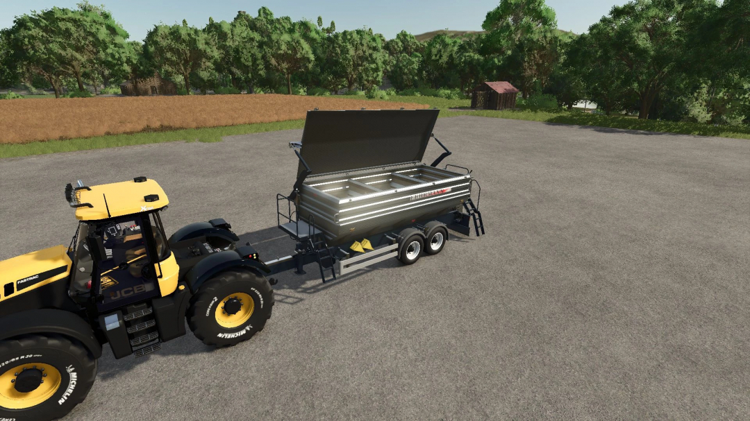 FS25 mod LWS v1.0.0.0 showing a yellow tractor and an open trailer in a farm setting.