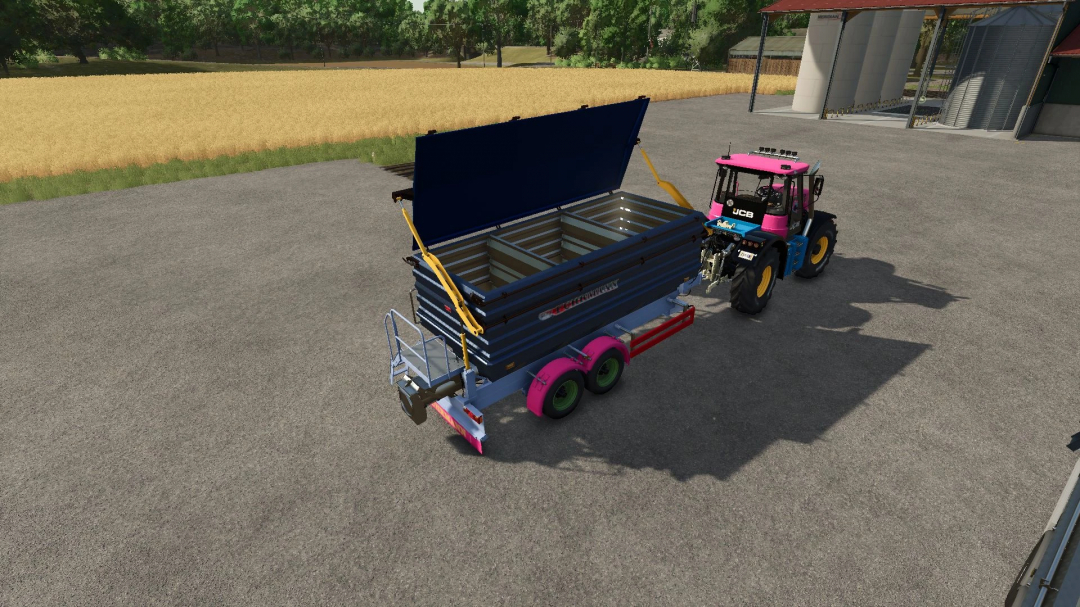 Colorful trailer hitched to tractor in FS25 mod LWS v1.0.0.0, Farming Simulator 25