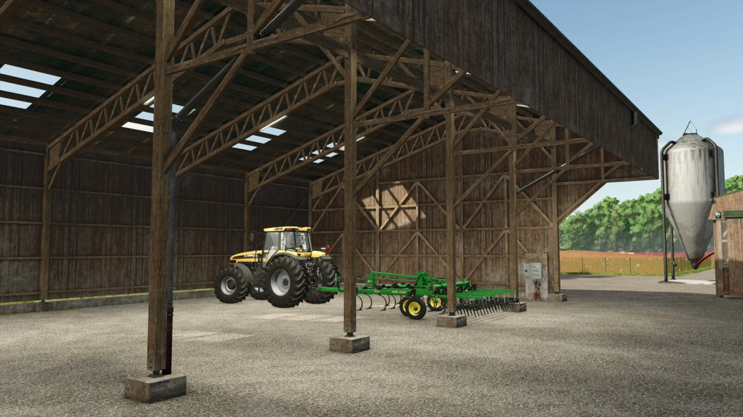 Large shed in FS25 mod with tractor and farming equipment inside.