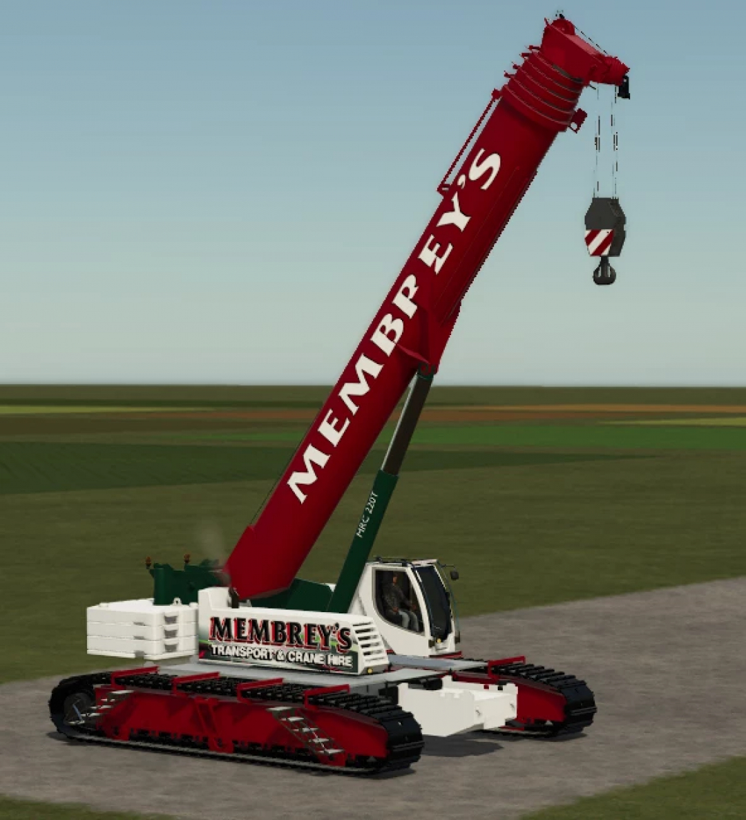 Liebherr LTR1220 crane in red and white colors on a field, featured in FS25 mods.