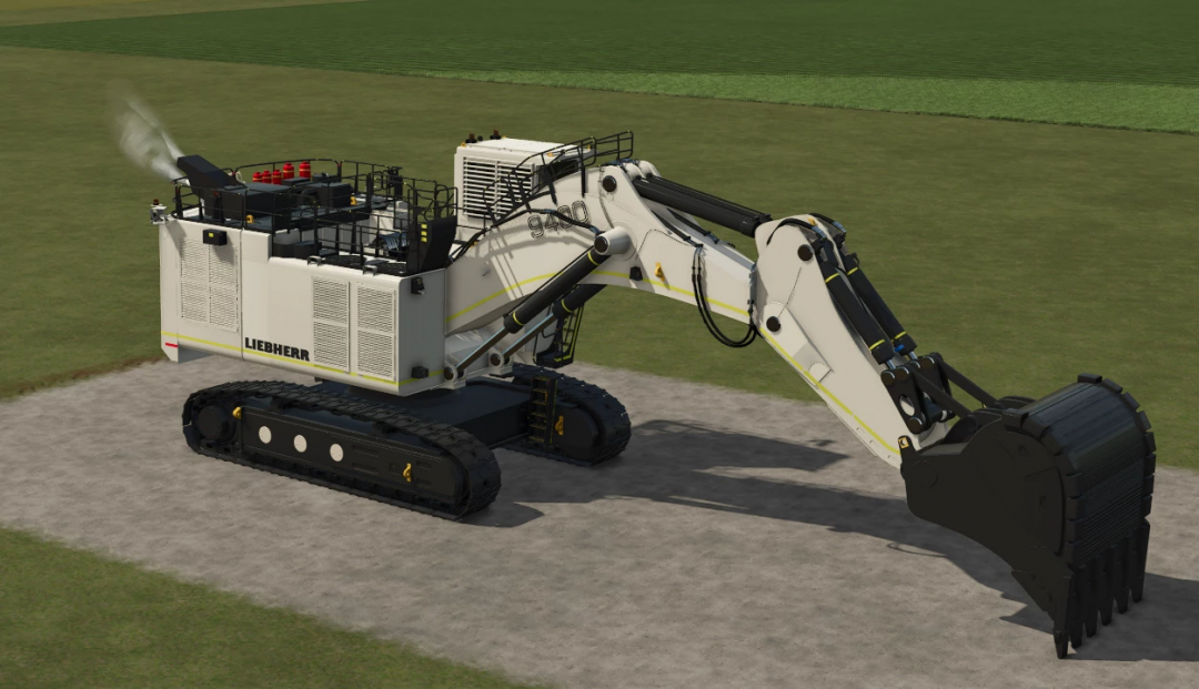 Liebherr R 9400 Excavator mod in Farming Simulator 25, showcasing a detailed excavator on a field. FS25 mods.