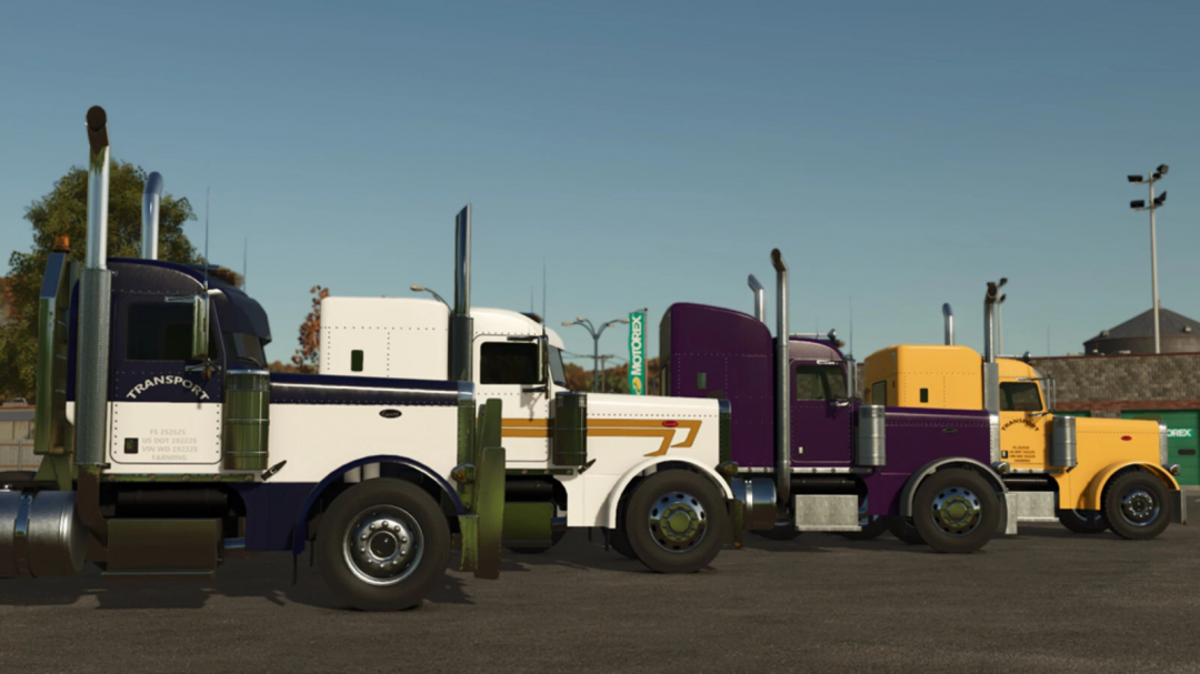 Four Lizard 379 trucks in different colors in FS25 mod for Farming Simulator 25.