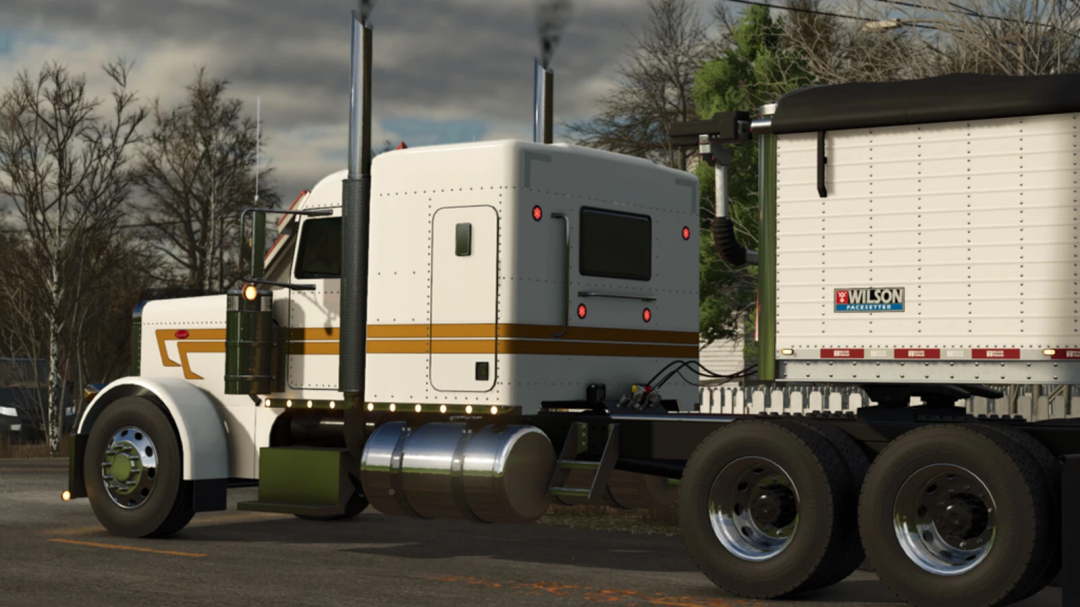 FS25 mods: Lizard 379 v1.0.0.0, a white and yellow truck with chrome details, depicted in Farming Simulator 25.