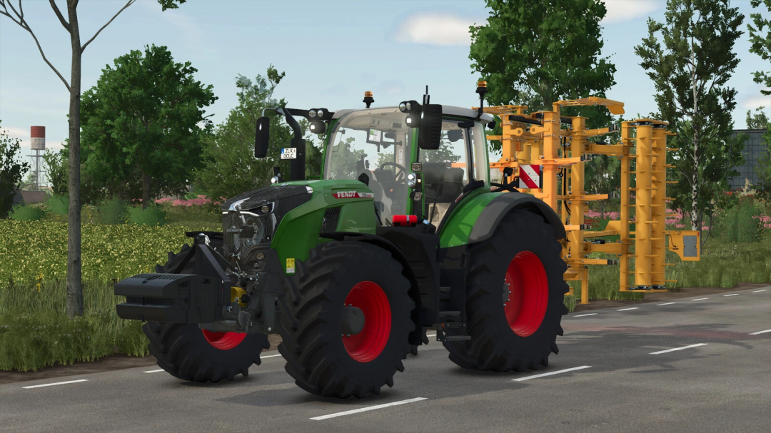 FS25 mod: Green tractor with Lizard Slice Weight on a road in Farming Simulator 25.