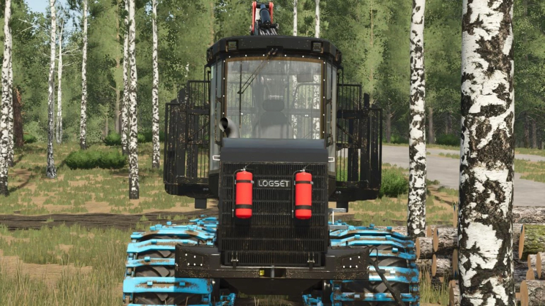 Logset 10F forestry machine in FS25 mod, surrounded by trees.