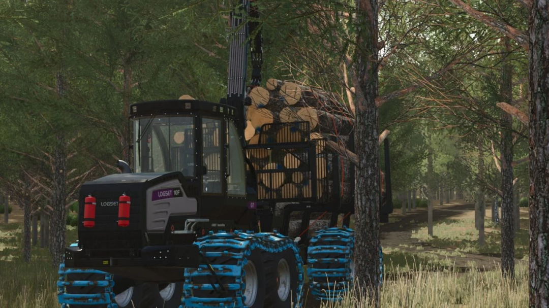 Logset 10F mod in FS25, showcasing a forestry machine in a dense forest with logs loaded, part of Farming Simulator 25 mods.