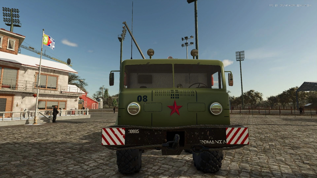 Front view of the MAZ 7310 truck mod in Farming Simulator 25, showcasing military-style design with green color and red star emblem.